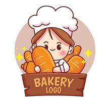 Chef woman bakery logo food and restaurant hand drawn cartoon art illustration vector