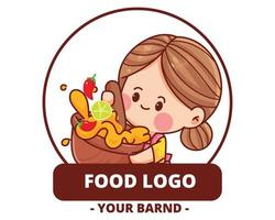 Happy cute chef with Papaya Salad logo hand drawn cartoon art illustration vector