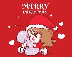 Cute girl santa hugging a pillow on christmas holiday celebration hand drawn cartoon art illustration vector