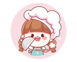 Cute girl Chef holding Tray Platter Plate Over banner logo cartoon art illustration vector