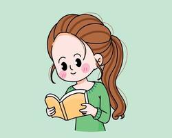 Young woman reading book concept cartoon hand drawn cartoon art illustration vector