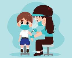 Female doctor injecting vaccine to student boy healthcare and medical concept drawn cartoon art illustration vector