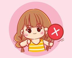 Cute girl holding a wrong symbol sign character hand drawn cartoon art illustration vector