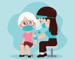 Female doctor injecting vaccine to grandmother healthcare and medical concept drawn cartoon art illustration vector
