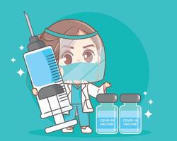 Cute woman Doctor holding syringe vaccine covid-19 hand drawn cartoon art illustration vector