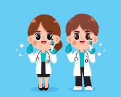 Young male doctor and young female doctor holding syringe vaccine healthcare and medical concept drawn cartoon art illustration vector