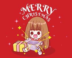linda chica abriendo regalos de navidad y se siente sorprendida en la celebración navideña dibujada a mano ilustración de arte de dibujos animados vector
