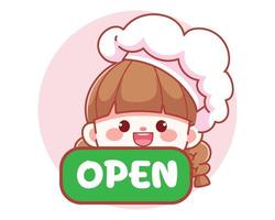 Cute girl chef holding green open sign banner logo cartoon art illustration vector