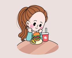 Young woman eating unhealthy or junk food concept cartoon hand drawn cartoon art illustration vector