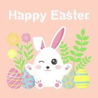 Happy Easter banner with bunny, eggs, flowers and twigs. Rabbit in the form of egg is winking. vector