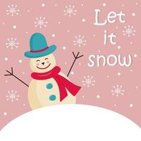 Snowman in a hat and scarf peeking out from behind a snowball. Let it snow text. vector