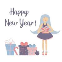 Cartoon Girl with gift box and Happy New Year text. vector