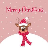 Christmas deer in a hat and scarf peeking out from behind a snowball. Merry Christmas text. vector