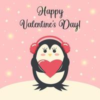 Penguin in winter headphones is holding a heart. Happy Valentine's day lettering. vector