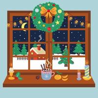 Christmas window decorated with wreath and garland. vector