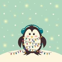 Penguin in winter headphones is wrapped in a garland. Vintage winter card with shining lights and snow. vector