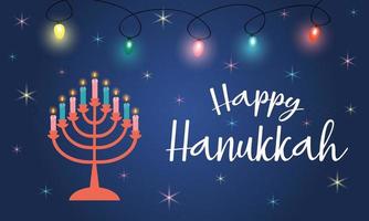 Happy Hanukkah greeting card with shining garland, stars and candles in candlestick. vector