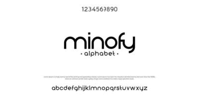 Minofy futurista diseño de fuente de pantalla minimalista, alfabeto, tipo de letra, letras y números, tipografía. vector