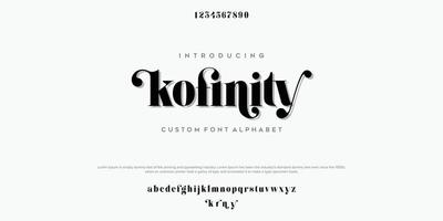 Alfabeto de fuente de moda abstracta de kofinity. fuentes urbanas modernas mínimas para logotipo, marca, etc. tipografía tipografía mayúscula minúscula y número. ilustración vectorial vector