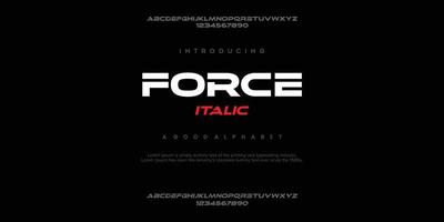 FORCE futuristic minimalist display font design, alphabet, typeface, letters and numbers, typography. vector