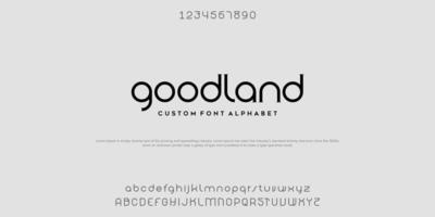 Goodland futuristic minimalist display font design, alphabet, typeface, letters and numbers, typography. vector