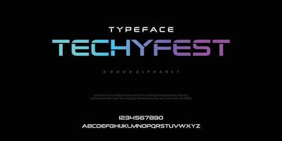 TECHYFEST futuristic minimalist display font design, alphabet, typeface, letters and numbers, typography. vector