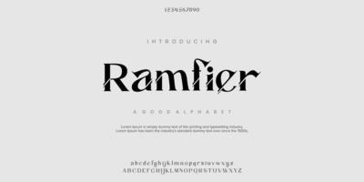 Ramfier Abstract Fashion font alphabet. Typography typeface uppercase lowercase and number. vector illustration