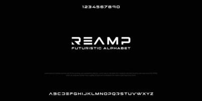 REAMP futuristic minimalist display font design, alphabet, typeface, letters and numbers, typography. vector