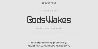 GodWakes futuristic minimalist display font design, alphabet, typeface, letters and numbers, typography. vector