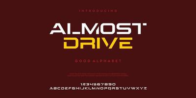 Almost Drive futuristic minimalist display font design, alphabet, typeface, letters and numbers, typography. vector