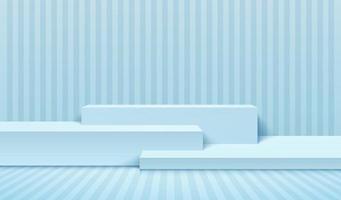 Realistic steps light blue cubes pedestal podium with blue stripes in perspective. Vector abstract studio room with 3D geometric platform. Pastel minimal scene for products showcase, Promotion display