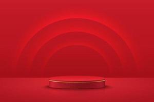 Red realistic 3D cylinder pedestal podium with glowing light semi circle backdrop. Red minimal wall scene for products showcase, Promotion display. Vector abstract studio room with geometric platform.