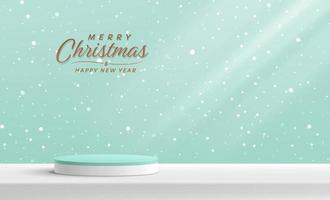 White and green realistic 3D cylinder pedestal podium with snowflakes pattern background. Christmas scene for products showcase, Promotion display. Vector abstract studio room with geometric platform.