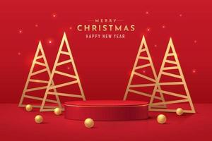 Red realistic 3d cylinder pedestal podium with golden triangle christmas tree and sphere balls. Minimal merry christmas scene for Promotion display, Product showcase. Vector abstract studio room.