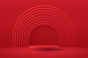 Red and gold realistic 3D cylinder pedestal podium with layers arch shape backdrop. Vector abstract studio room with platform design. Red luxury minimal scene for products showcase, Promotion display.