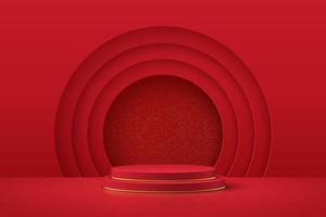 Red realistic 3D cylinder pedestal podium with glitter in circle layers backdrop. Luxury red minimal scene for products showcase, Promotion display. Vector abstract studio room with geometric platform