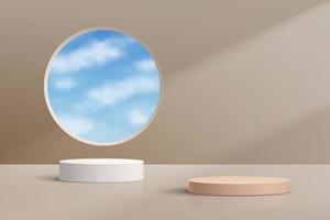 Realistic 3D beige and white cylinder pedestal podium set wih blue sky in circle window. Vector abstract studio room with geometric platform. Minimal scene for products showcase, Promotion display.