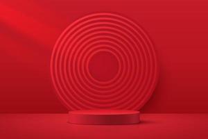 Red ealistic 3D cylinder pedestal podium with layers circles backdrop. Chinese red minimal wall scene for products showcase, Promotion display. Vector abstract studio room with platform design.