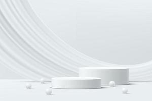 Conjunto de podio de pedestal de cilindro 3d realista blanco abstracto 3d, telón de fondo de forma de curva líquida con cuentas blancas. Escena mínima de lujo para presentación de exhibición de productos. plataforma geométrica de representación vectorial. vector