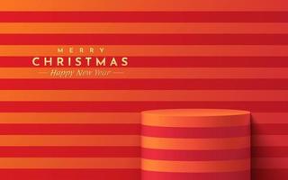 Red and orange realistic 3D cylinder stand podium, Horizontal stripes wall scene. Vector abstract studio room with platform design. Minimal merry christmas scene for Promotion display, Showcase.