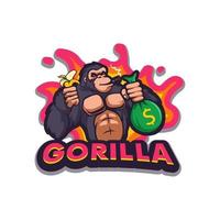 Ilustración de gorila con bolsa de dinero y plátano mientras fuma ilustración de diseño de logotipo de mascota vector