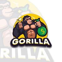 Ilustración de gorila con bolsa de dinero y plátano mientras fuma ilustración de diseño de logotipo de mascota vector