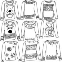 Set of cozy contoured doodle sweaters with patterns and drawings on a winter theme, coloring page of holiday clothes