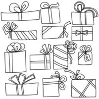 Set of doodle gift boxes of various shapes and sizes, with ribbons and bows, side view for holiday packaging vector