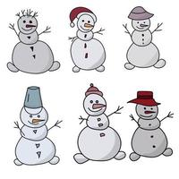 Set of cute snowmen with different hats, positive winter characters with carrot noses vector