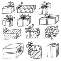 Set of doodle gift boxes with bows of various shapes and sizes, presents coloring page in isometric vector