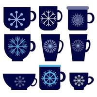 juego de tazas azul oscuro con decoración de invierno, copos de nieve claros simples en tazas con una bebida caliente en estilo plano vector