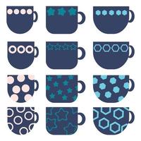 Set of simple flat cups with geometric patterns, blue drink mugs with circles, hexagons and stars, cozy dishes vector