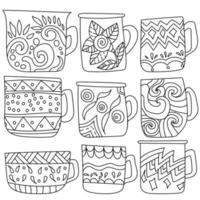 Set of contour cups with zen antistress patterns, lines and circles in simple combinations on mugs, coloring page