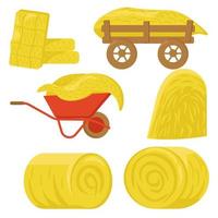 Hay in rolls, haystacks on various wheelbarrows and carts vector